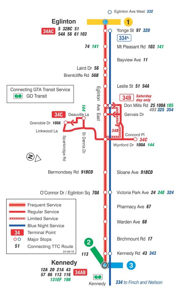 Mapa do TTC 34 Eglinton Leste rota de ônibus de Toronto