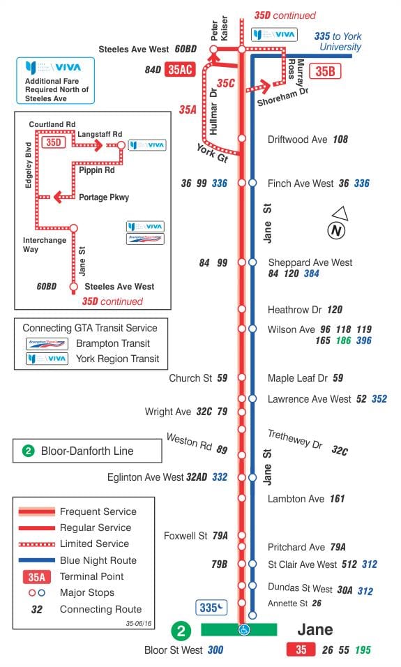 Mapa do TTC 35 Jane rota de ônibus de Toronto