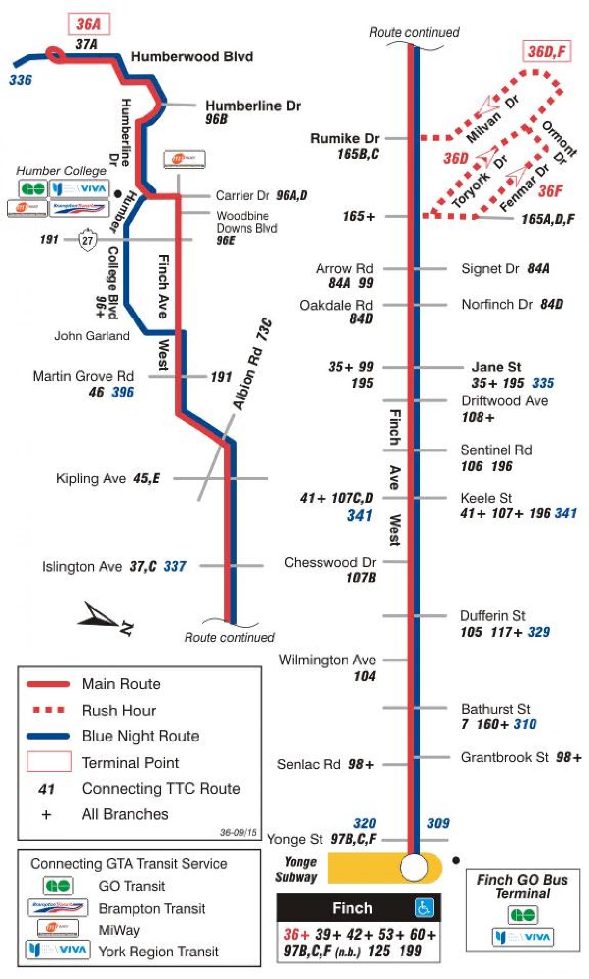 Mapa do TTC 36 Finch Oeste rota de ônibus de Toronto