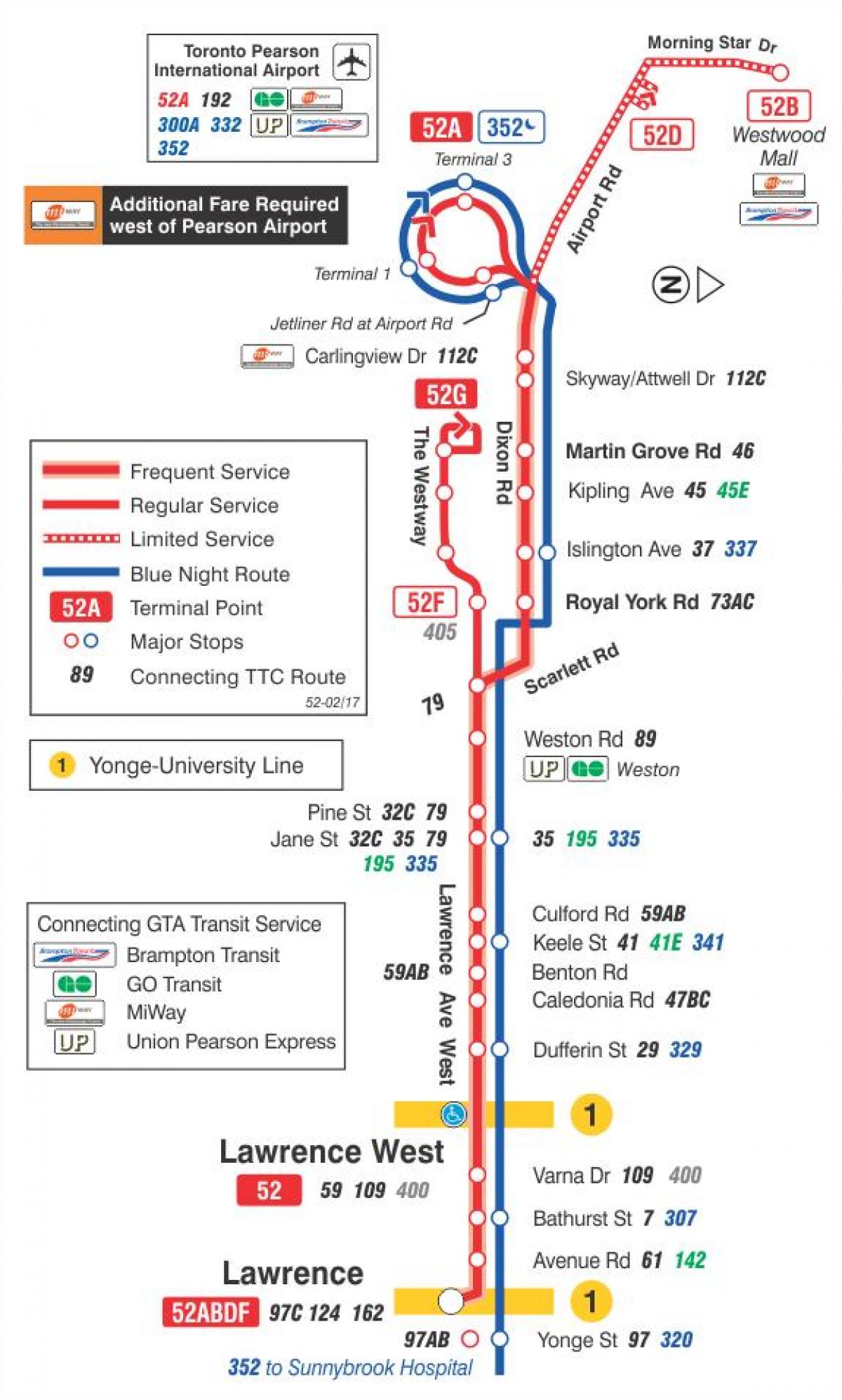 Mapa do TTC 52 Lawrence West rota de ônibus de Toronto