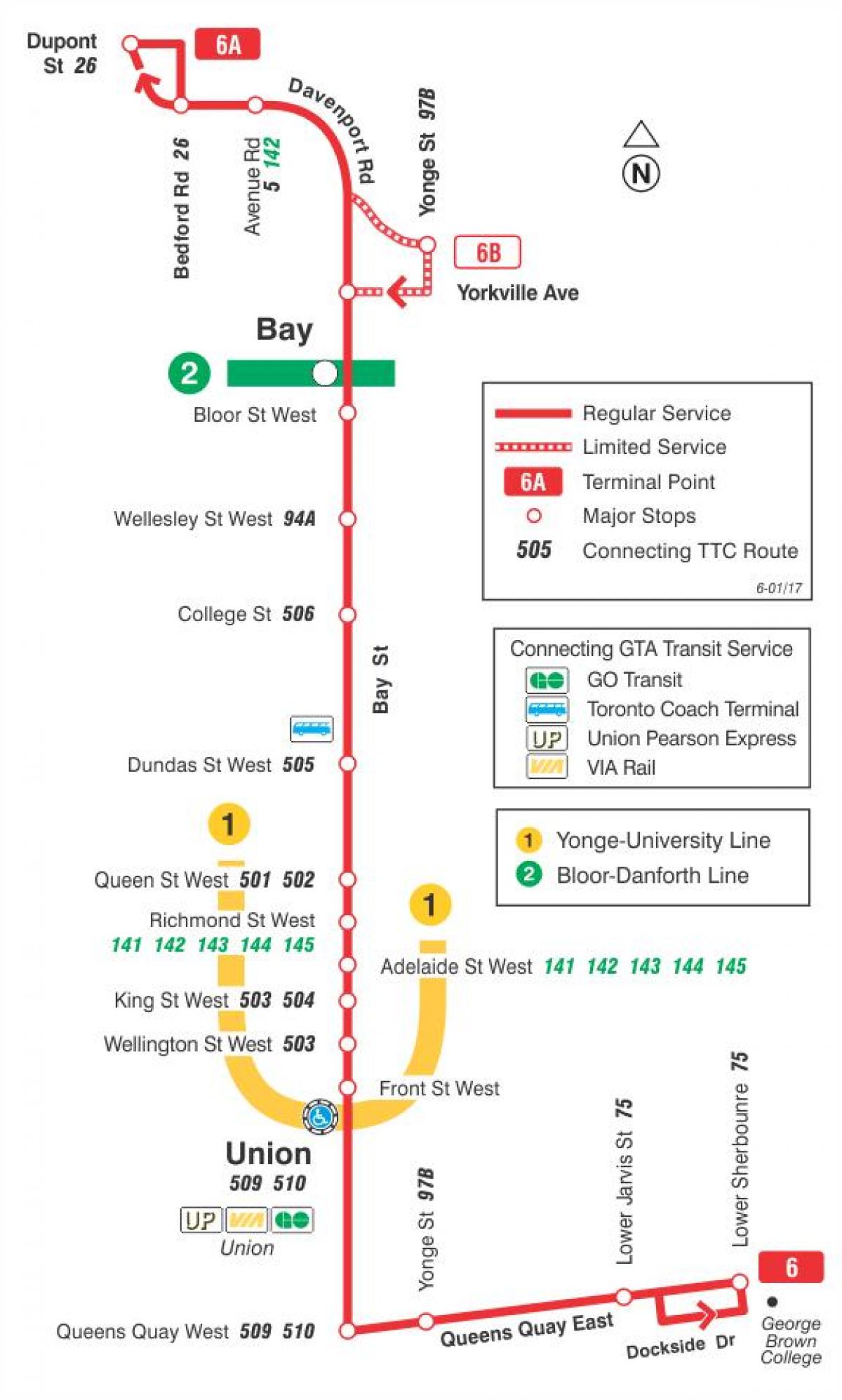 Mapa do TTC 6 Bay rota de ônibus de Toronto