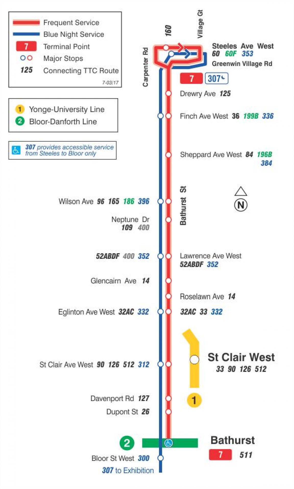 Mapa do TTC 7 Bathurst rota de ônibus de Toronto