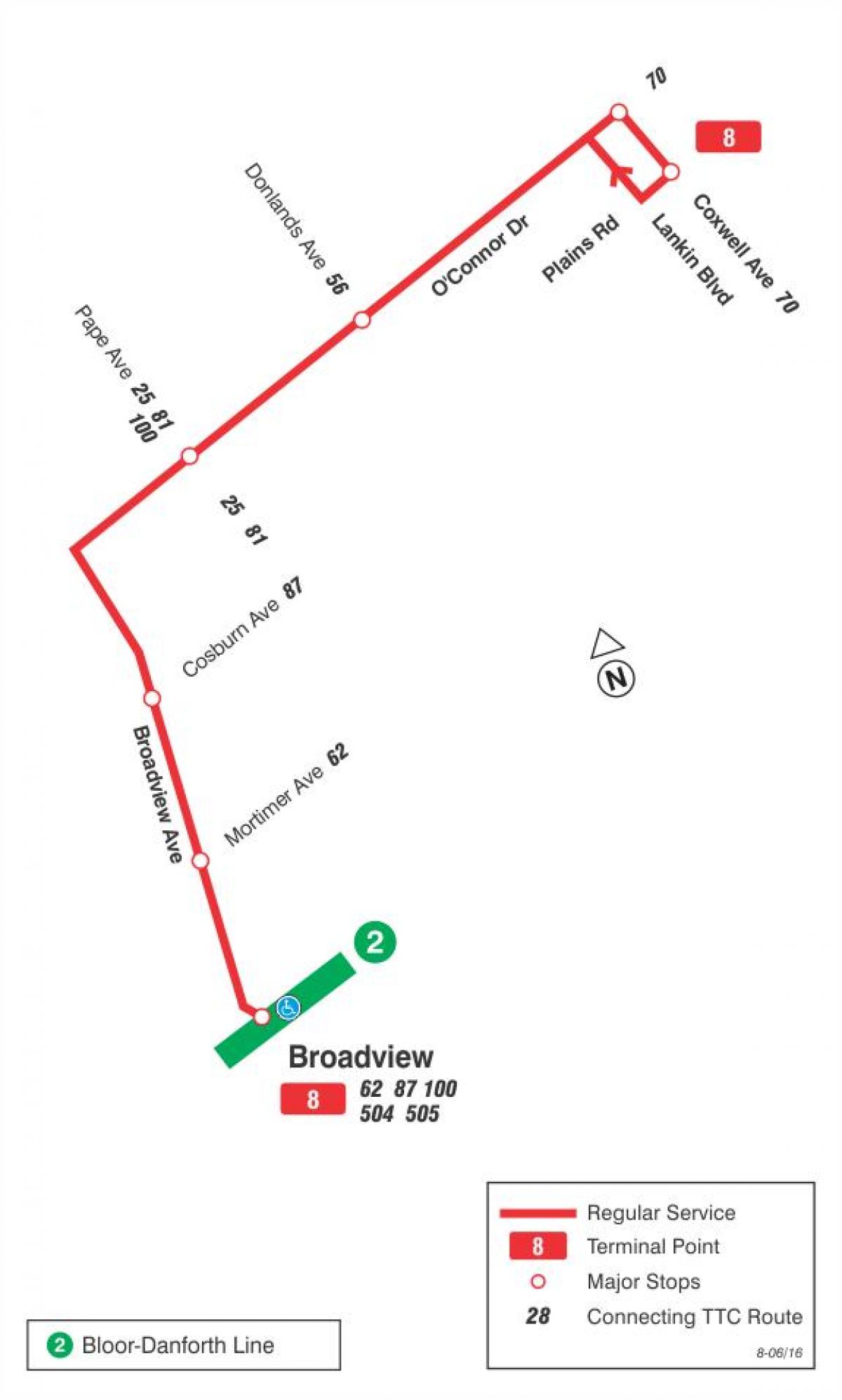 Mapa do TTC 8 Broadview rota de ônibus de Toronto