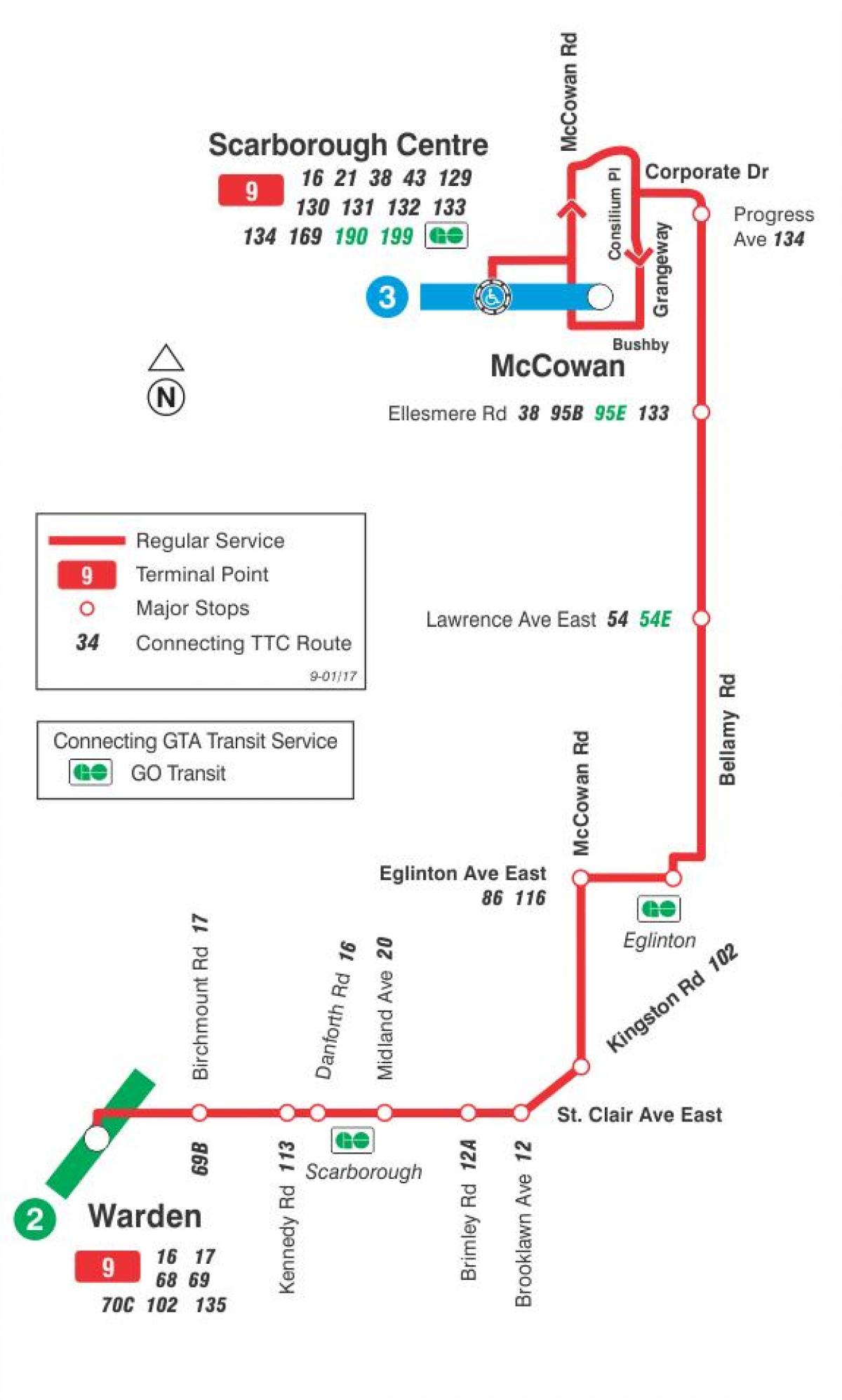 Mapa do TTC 9 Bellamy rota de ônibus de Toronto