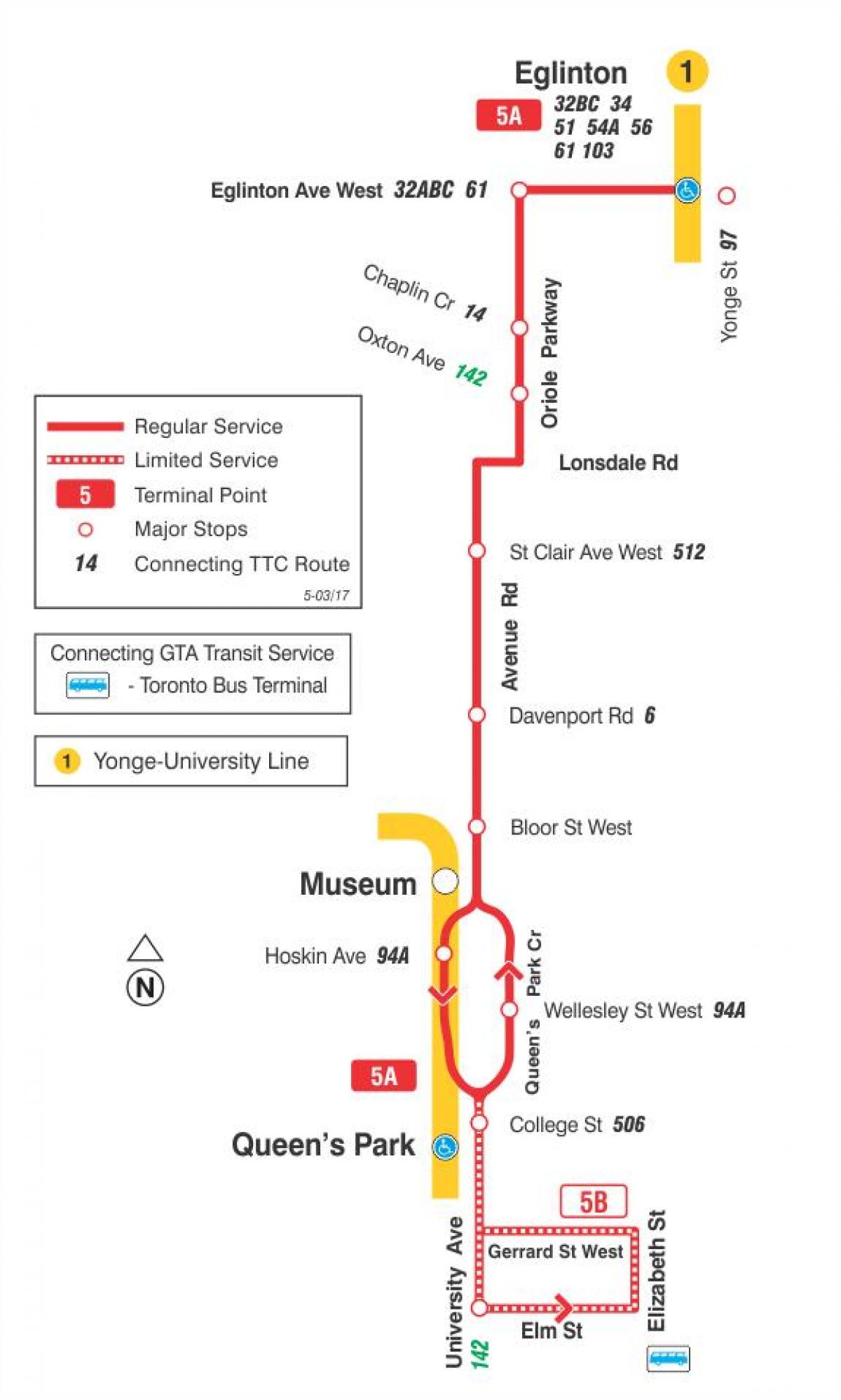 Mapa de TTC a 5 Avenida Rd rota de ônibus de Toronto