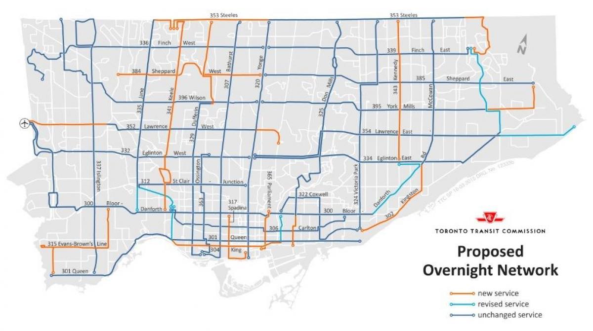 Mapa do TTC pernoite rede de Toronto