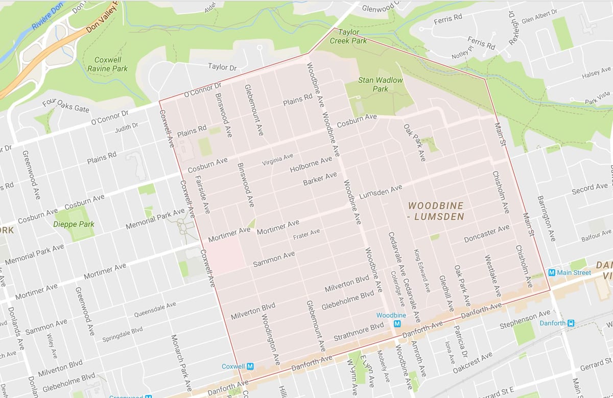 Mapa de Woodbine Alturas bairro de Toronto
