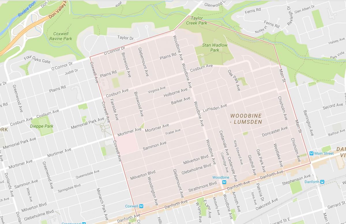 Mapa de Woodbine Alturas bairro de Toronto
