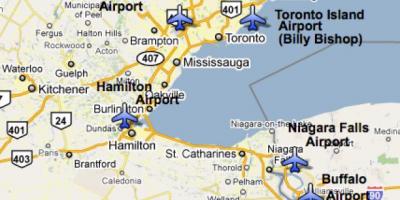 Mapa dos Aeroportos perto de Toronto