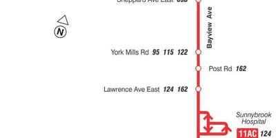 Mapa do TTC 11 Bayview rota de ônibus de Toronto