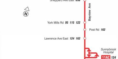 Mapa do TTC 11 Bayview rota de ônibus de Toronto