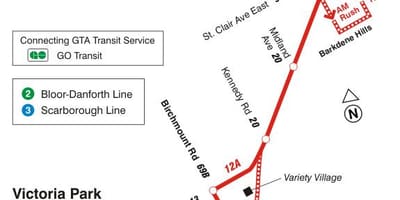 Mapa do TTC 12 Kingston Rd rota de ônibus de Toronto