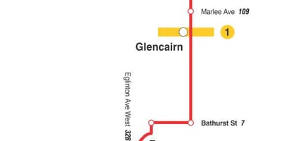 Mapa do TTC 14 Glencairn rota de ônibus de Toronto