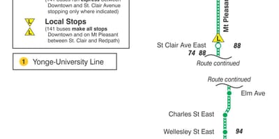 Mapa do TTC 141 Centro / Mt Agradável ônibus Expresso rota Toronto