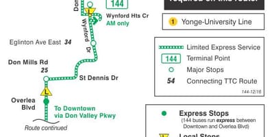 Mapa do TTC, 144 Centro / Não Vale ônibus Expresso rota Toronto