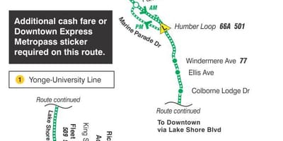 Mapa do TTC, 145 Centro / Humber Bay Express rota de ônibus de Toronto