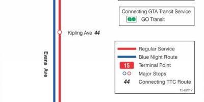 Mapa do TTC 15 Evans rota de ônibus de Toronto