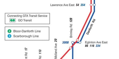 Mapa do TTC 16 McCowan rota de ônibus de Toronto