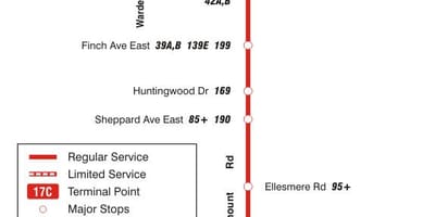 Mapa do TTC 17 Birchmount rota de ônibus de Toronto