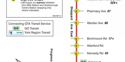 Mapa do TTC 190 Scarborough Centro de Foguetes rota de ônibus de Toronto