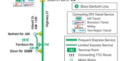 Mapa do TTC 191 Rodovia 27 Foguete rota de ônibus de Toronto