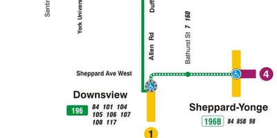 Mapa do TTC 196 Universidade de York Foguete rota de ônibus de Toronto
