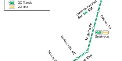 Mapa do TTC 198 U de T Scarborough Foguete rota de ônibus de Toronto