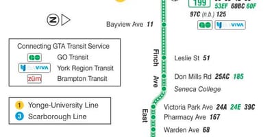 Mapa do TTC 199 Finch Foguete rota de ônibus de Toronto