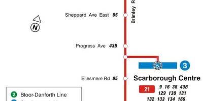 Mapa do TTC 21 Brimley rota de ônibus de Toronto