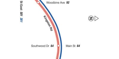 Mapa do TTC 22 Coxwell rota de ônibus de Toronto