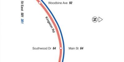 Mapa do TTC 22 Coxwell rota de ônibus de Toronto
