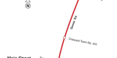 Mapa do TTC 23 Dawes rota de ônibus de Toronto