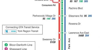 Mapa do TTC 24 Victoria Park rota de ônibus de Toronto