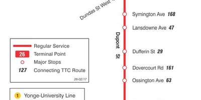 Mapa do TTC 26 Dupont rota de ônibus de Toronto