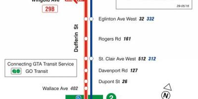 Mapa do TTC 29 Dufferin rota de ônibus de Toronto