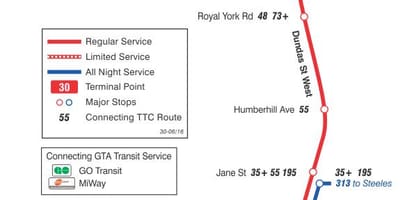 Mapa do TTC 30 Lambton rota de ônibus de Toronto