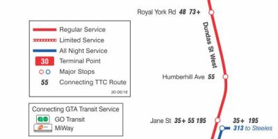 Mapa do TTC 30 Lambton rota de ônibus de Toronto