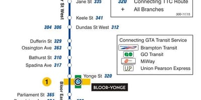 Mapa do TTC 300A Bloor-Danforth rota de ônibus de Toronto