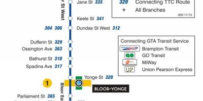 Mapa do TTC 300A Bloor-Danforth rota de ônibus de Toronto
