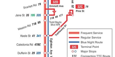 Mapa do TTC 32 Eglinton West rota de ônibus de Toronto