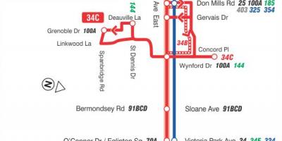 Mapa do TTC 34 Eglinton Leste rota de ônibus de Toronto