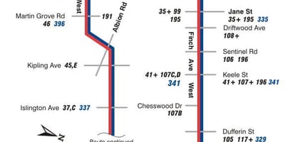 Mapa do TTC 36 Finch Oeste rota de ônibus de Toronto
