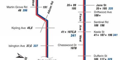 Mapa do TTC 36 Finch Oeste rota de ônibus de Toronto