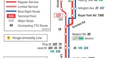 Mapa do TTC 52 Lawrence West rota de ônibus de Toronto