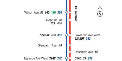 Mapa do TTC 7 Bathurst rota de ônibus de Toronto