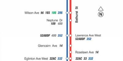Mapa do TTC 7 Bathurst rota de ônibus de Toronto
