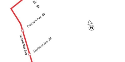 Mapa do TTC 8 Broadview rota de ônibus de Toronto