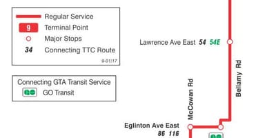 Mapa do TTC 9 Bellamy rota de ônibus de Toronto