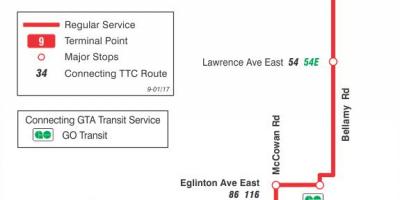 Mapa do TTC 9 Bellamy rota de ônibus de Toronto