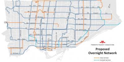 Mapa do TTC pernoite rede de Toronto